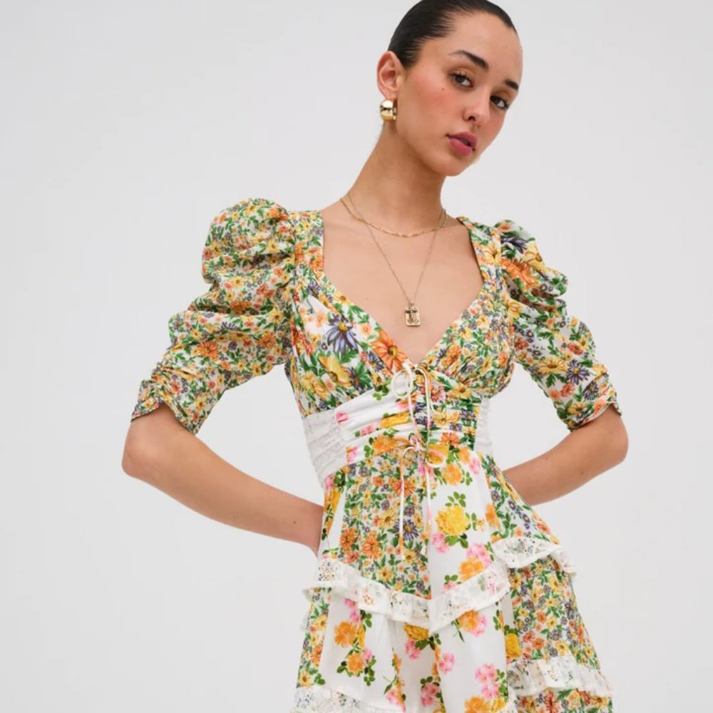 FOR LOVE & LEMONS Rosalyn Mini Dress in Green NWT